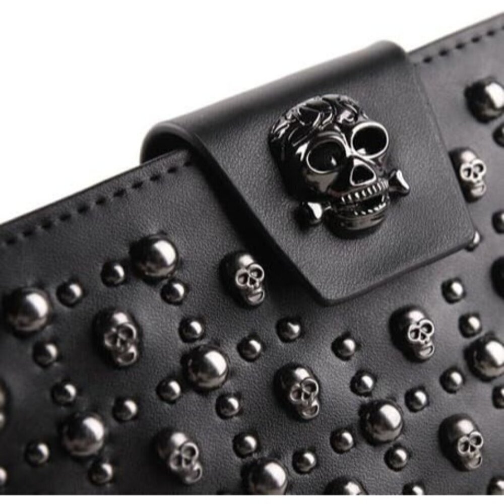 🆕Shinywear Leather Card Holder Women Black Long Skull Studded Genuine Wallet - Picture 5 of 5
